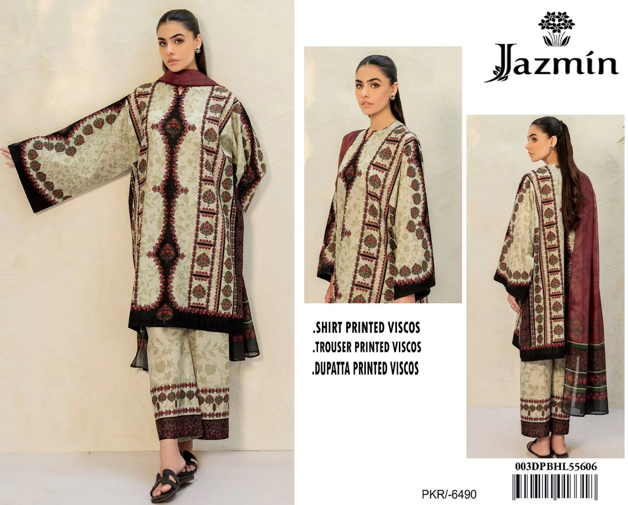 Jazmin Original – Maroon Premium Viscose 3PC Suit | Winter Collection ❄️