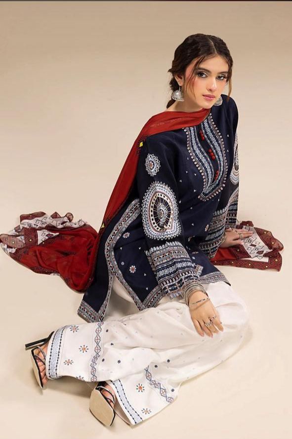 π Jazmin Winter Charm Collection β Heavy Embroidered 3PC Suit in Navy Blue with Printed Shawl Dupatta | Trending Hit Code π