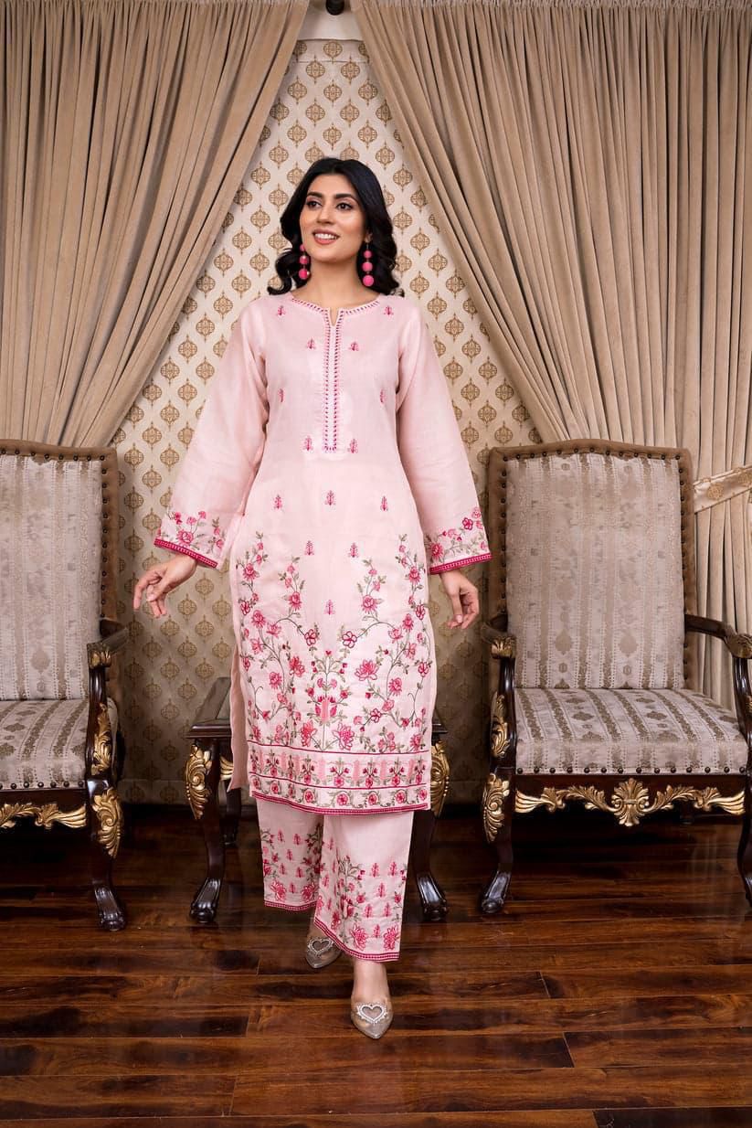 SAYA Summer Collection 2025 | Baby Pink 2PC Heavy Embroidered Suit | Vol.02 – Maleeha Arts (Free Delivery)