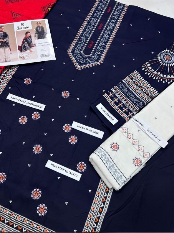 💙 Jazmin Winter Charm Collection – Heavy Embroidered 3PC Suit in Navy Blue with Printed Shawl Dupatta | Trending Hit Code 💙