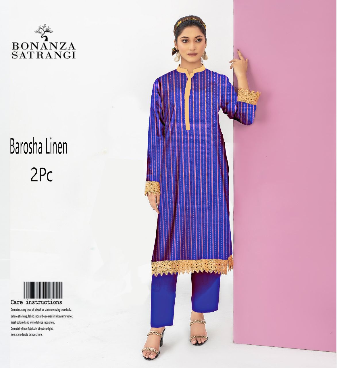 Bonanza Satrangi Barosha Linen 2PC – Royale Gold Blue | Original Brand | Free Delivery
