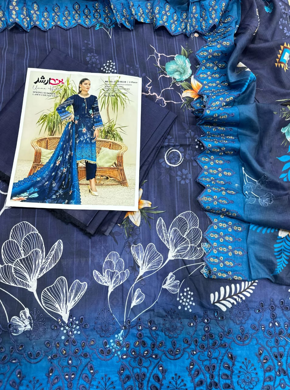 💙 BIN ARSHAD BLUE – Elegant 3PC Embroidered Lawn Suit with Premium Dupatta