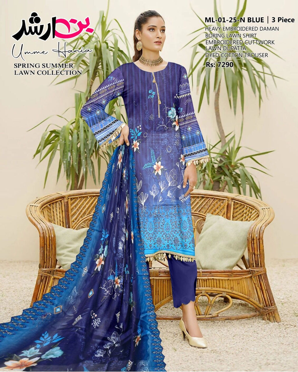 💙 BIN ARSHAD BLUE – Elegant 3PC Embroidered Lawn Suit with Premium Dupatta