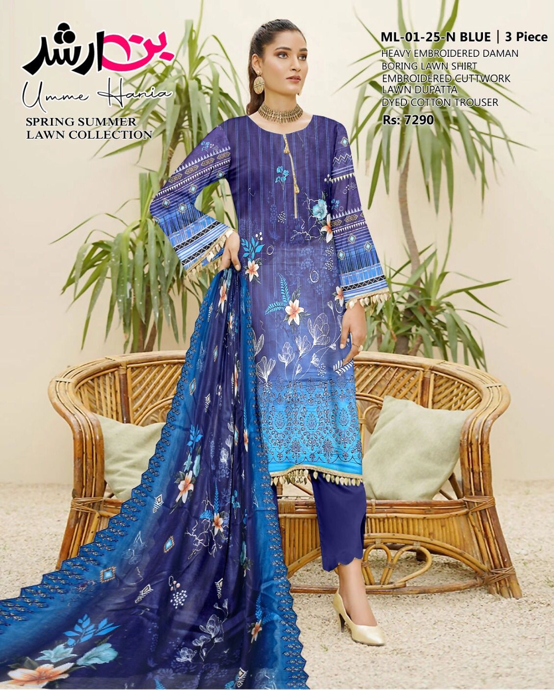 💙 BIN ARSHAD BLUE – Elegant 3PC Embroidered Lawn Suit with Premium Dupatta