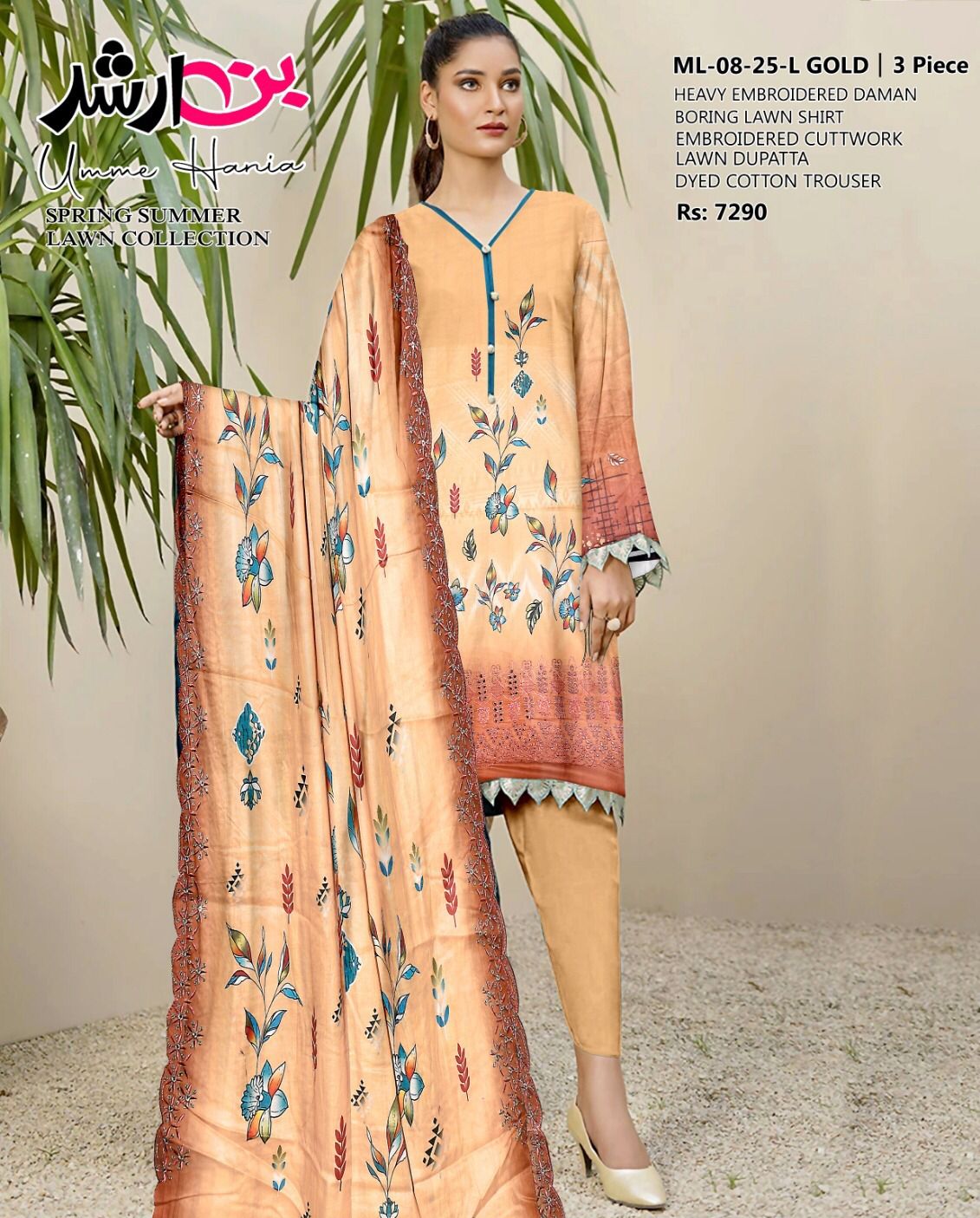 🔥 BIN ARSHAD RUST GOLD – Premium 3PC Heavy Embroidered Lawn Suit with Luxe Dupatta