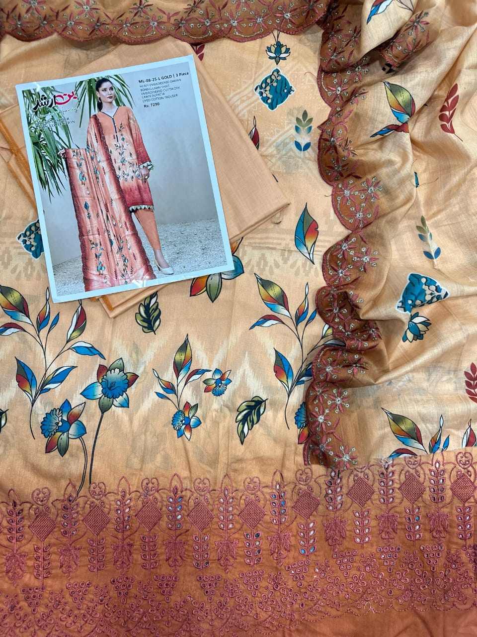 🔥 BIN ARSHAD RUST GOLD – Premium 3PC Heavy Embroidered Lawn Suit with Luxe Dupatta