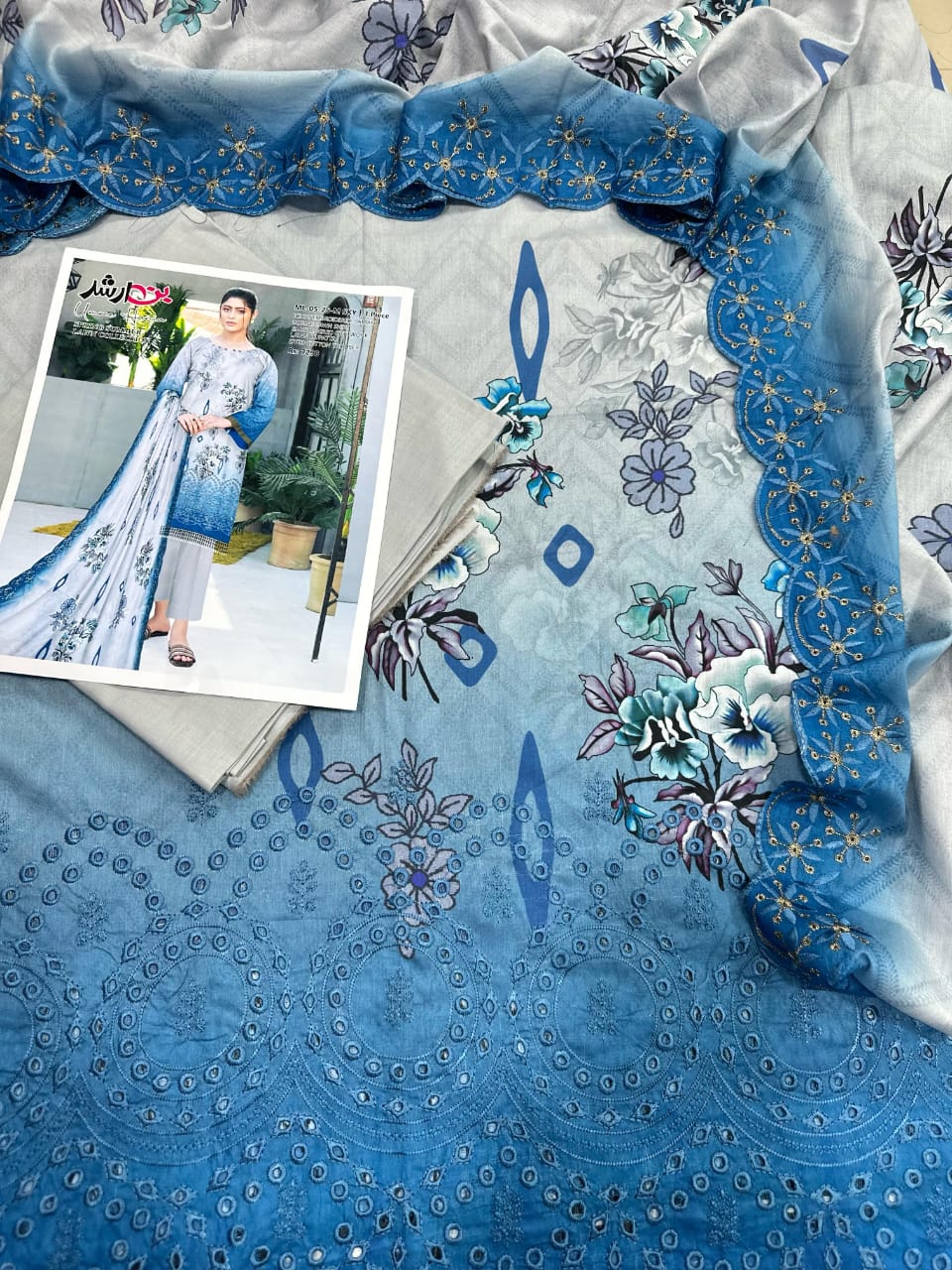 BIN ARSHAD SKY – Premium 3PC Heavy Embroidered Lawn Suit with Cutwork Dupatta