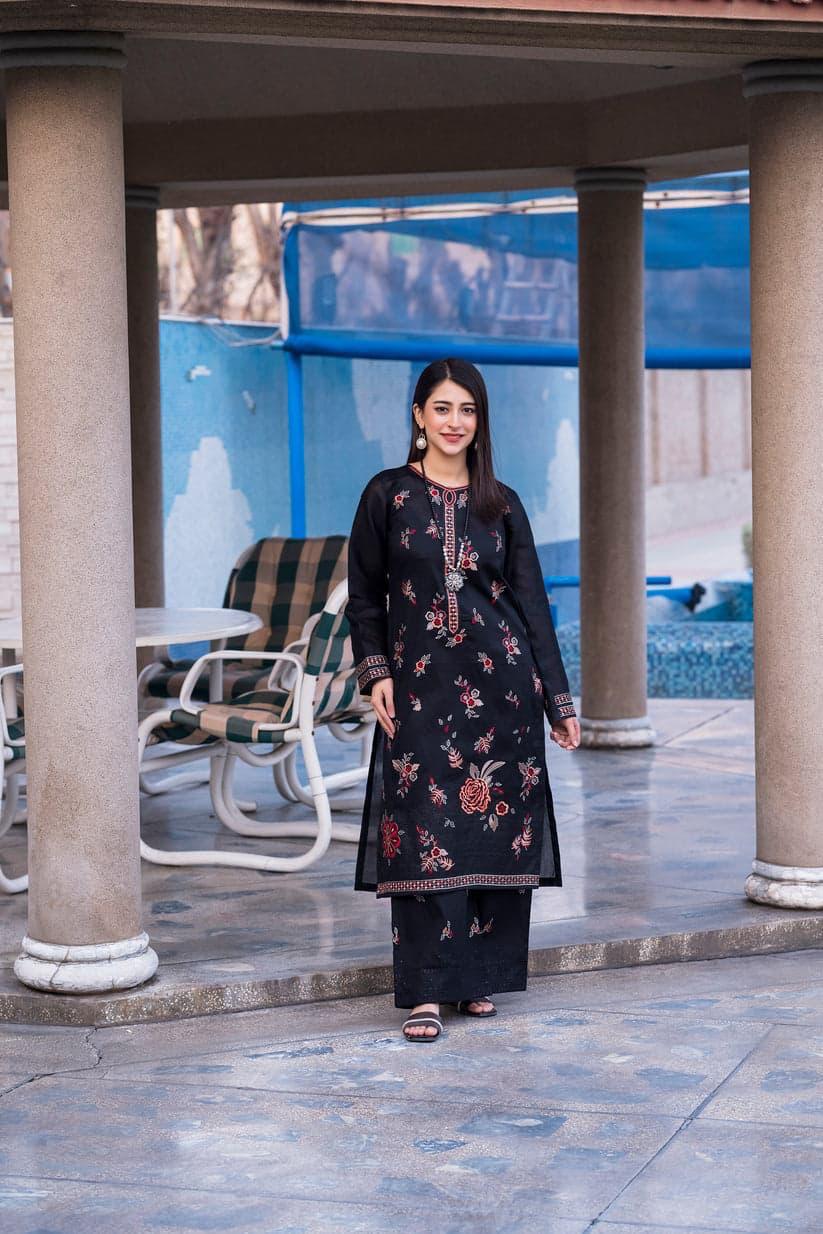 SAYA Summer Collection 2025 | Elegant Black 2PC Heavy Embroidered Suit | Vol.02 – Maleeha Arts (Free Delivery)