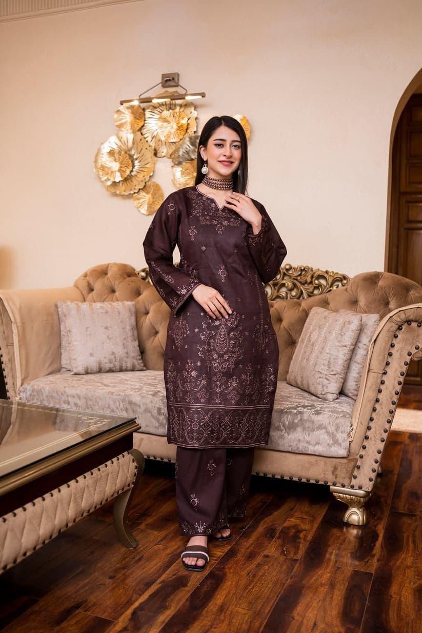 SAYA Summer Collection 2025 | Dark Brown 2PC Heavy Embroidered Suit | Vol.02 – Maleeha Arts (Free Delivery)