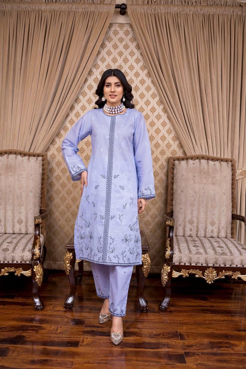 SAYA Summer Collection 2025 | Light Lavender Blue 2PC Heavy Embroidered Suit | Vol.02 – Maleeha Arts (Free Delivery)