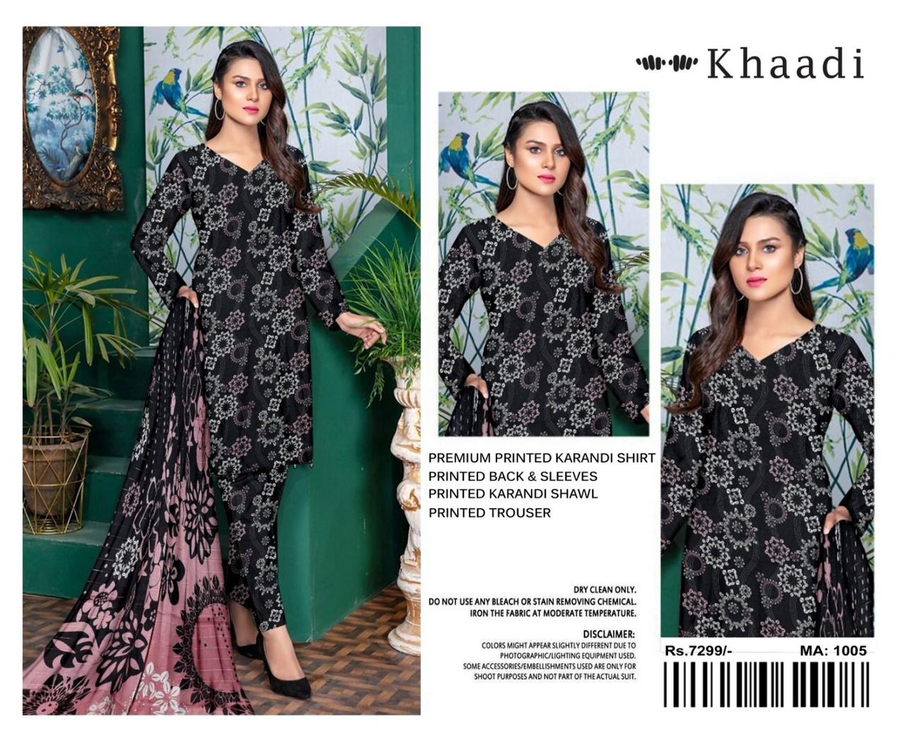 Khaadi Karandi Linen Digital Print 3PC – Black Grey Charm | Premium Winter Collection