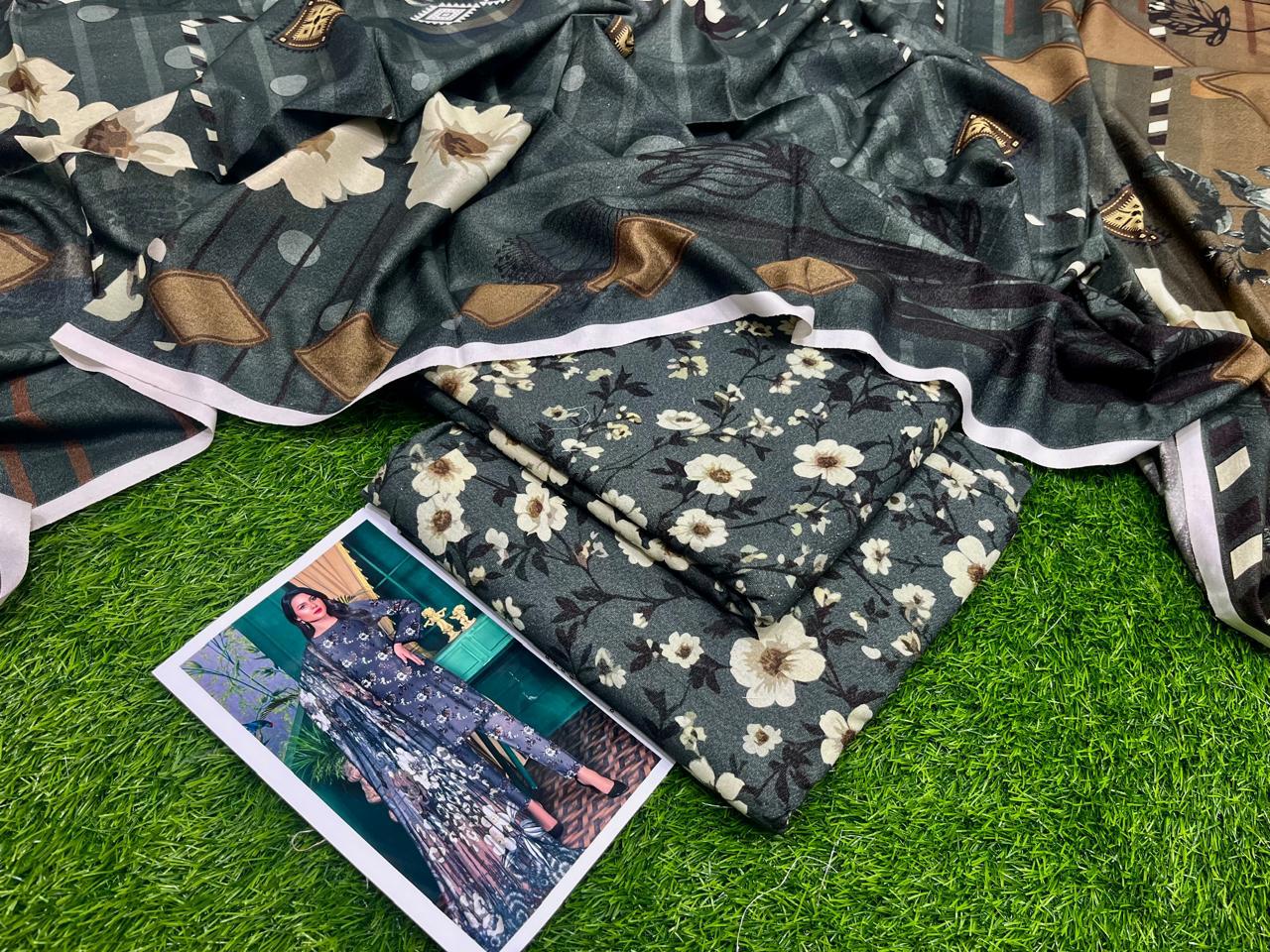 Khaadi Karandi Linen Digital Print 3PC – Black Grey Charm | Premium Winter Collection