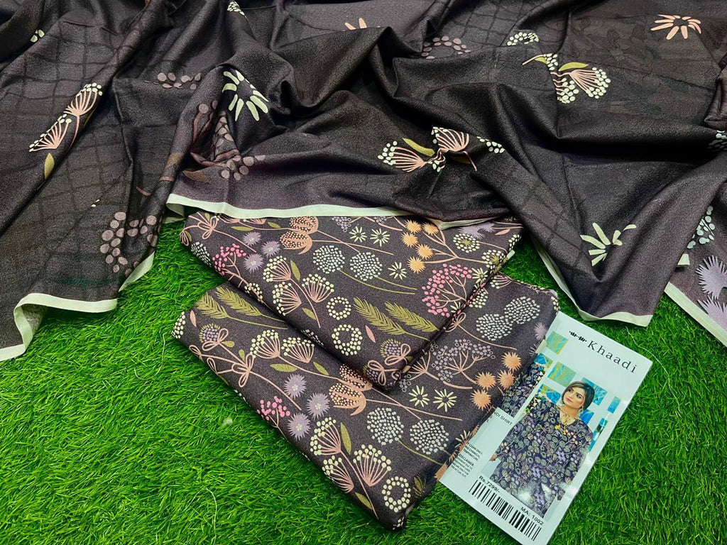 Khaadi Airjet Karandi Linen Digital Print 3PC – Cocoa Brown Elegance | Premium Winter Collection
