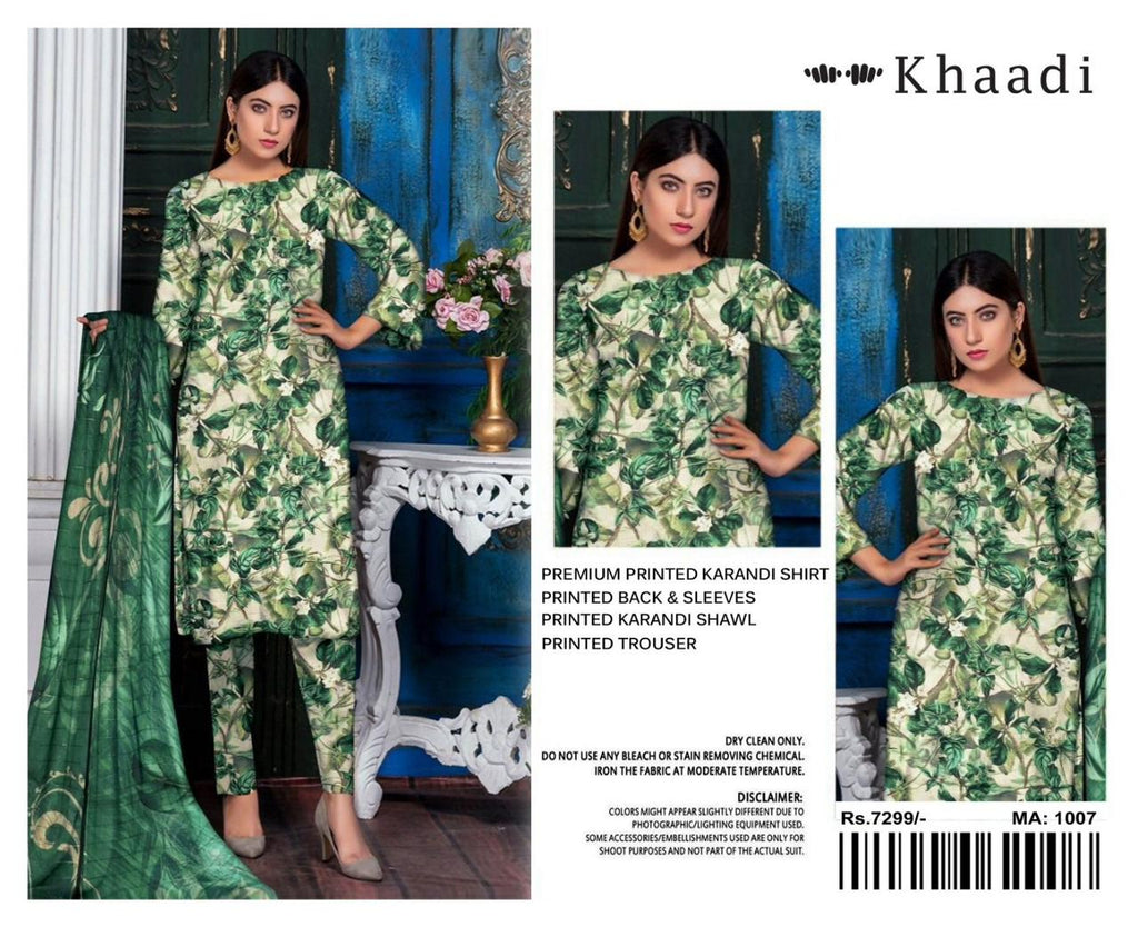 Khaadi Airjet Karandi Linen Digital Print 3PC – Emerald Green Charm | Premium Winter Collection