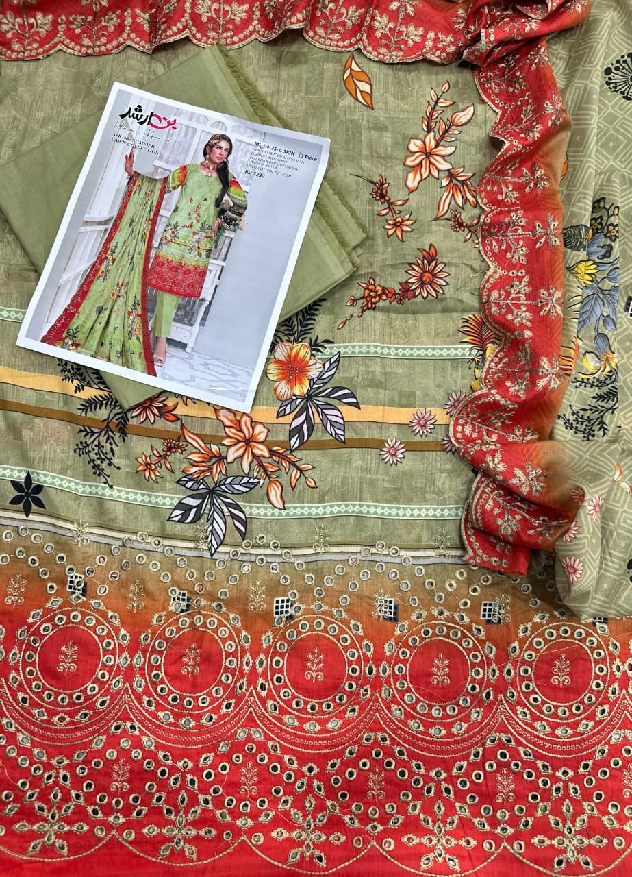 🌸 BIN ARSHAD LIGHT BEIGE – Graceful 3PC Embroidered Lawn Suit with Elegant Dupatta