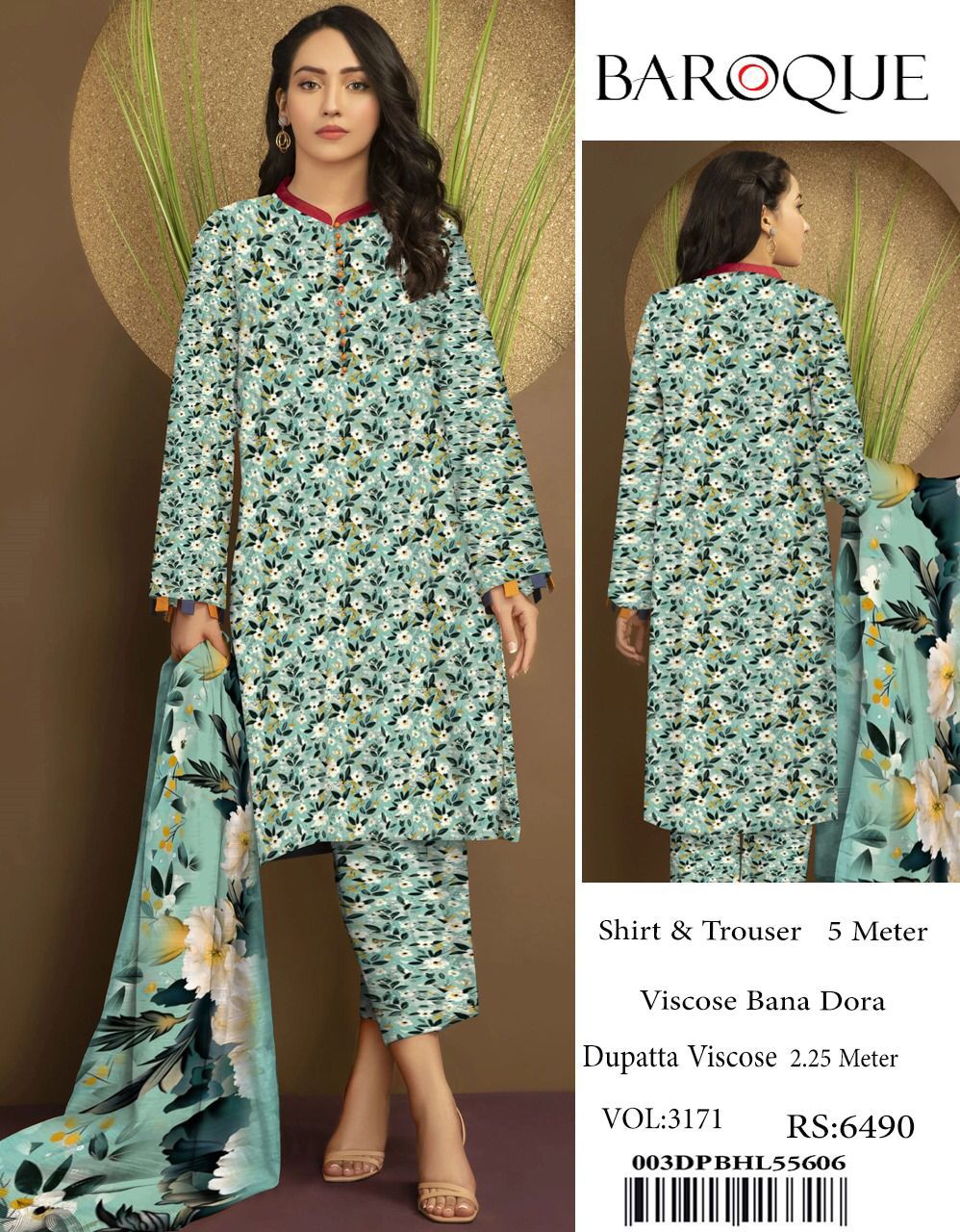 Baroque Winter Collection – Sea Green Serenity (3PC Viscose Suit)  ✨ Original Baroque Brand | ❄️ Winter Sale – 30% OFF + Free Delivery ❄️