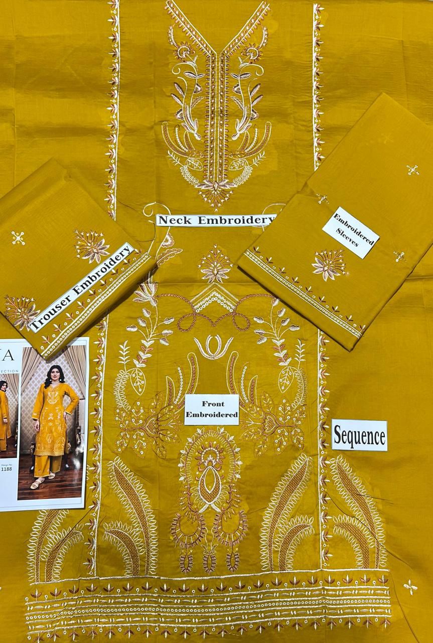 SAYA Summer Collection 2025 | Mustard 2PC Heavy Embroidered Suit | Vol.02 – Maleeha Arts (Free Delivery)