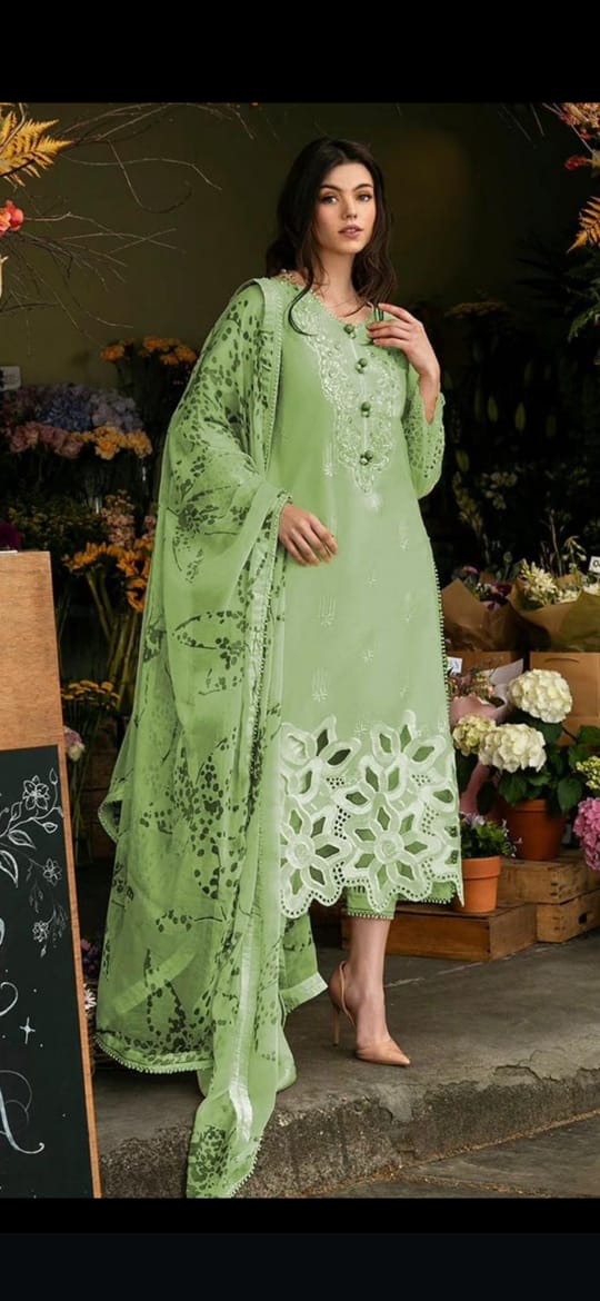 Mushq Green Summer 2025 Lawn 3 Piece Suit with Diamond Dupatta & Laser Cut Embroidery – Code 2005