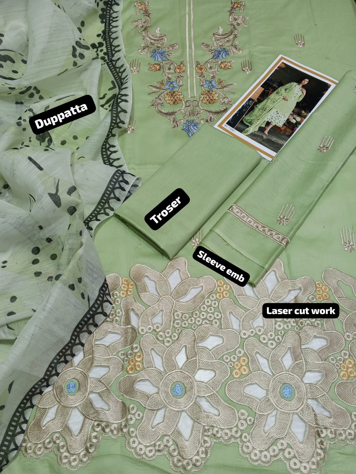 Mushq Green Summer 2025 Lawn 3 Piece Suit with Diamond Dupatta & Laser Cut Embroidery – Code 2005