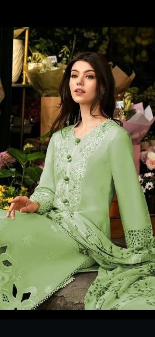 Mushq Green Summer 2025 Lawn 3 Piece Suit with Diamond Dupatta & Laser Cut Embroidery – Code 2005