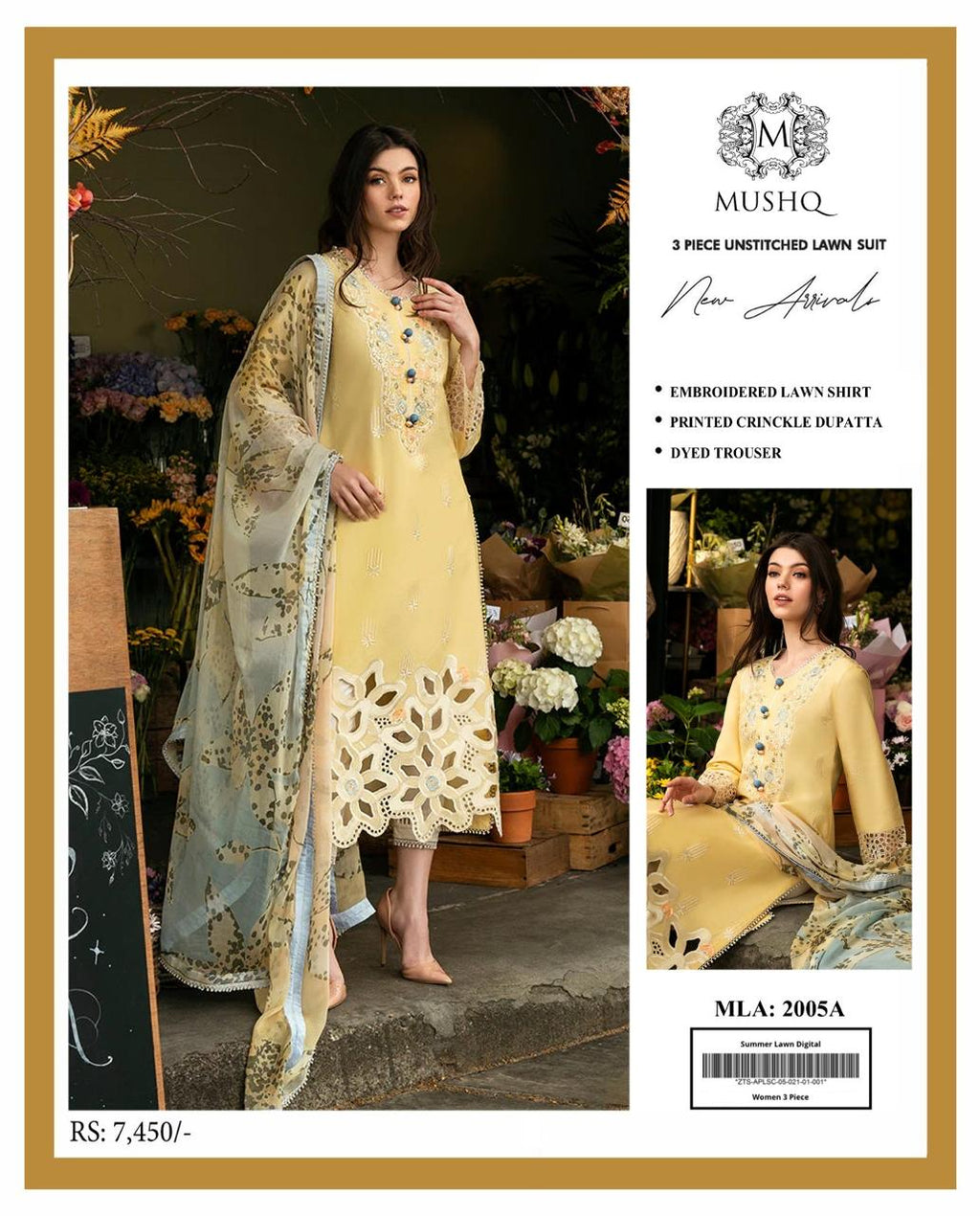Mushq Yellow Summer 2025 Lawn 3 Piece Suit with Diamond Dupatta & Laser Cut Embroidery – Code 2005