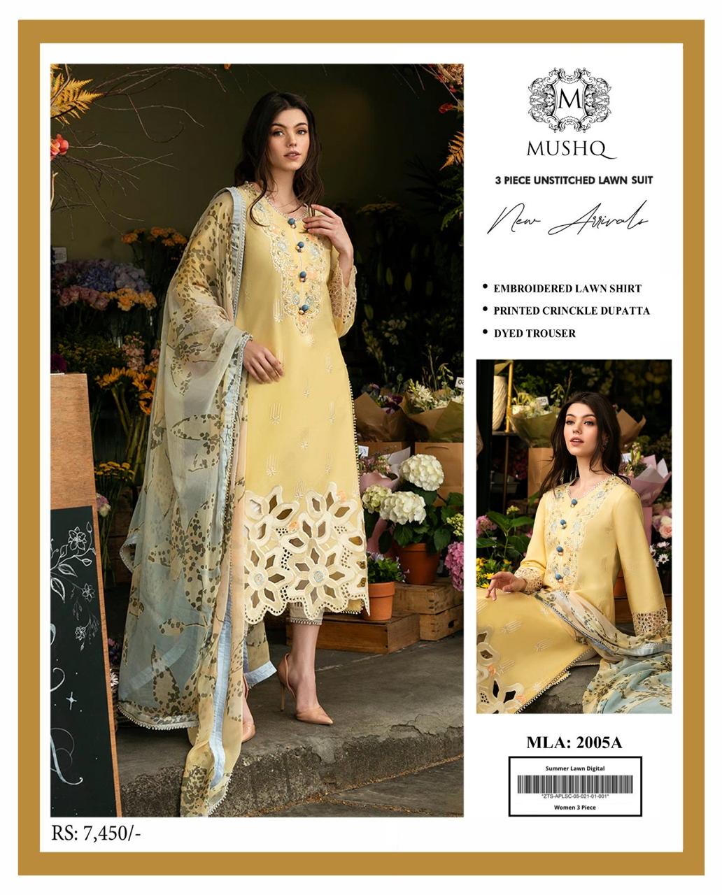 Mushq Yellow Summer 2025 Lawn 3 Piece Suit with Diamond Dupatta & Laser Cut Embroidery – Code 2005