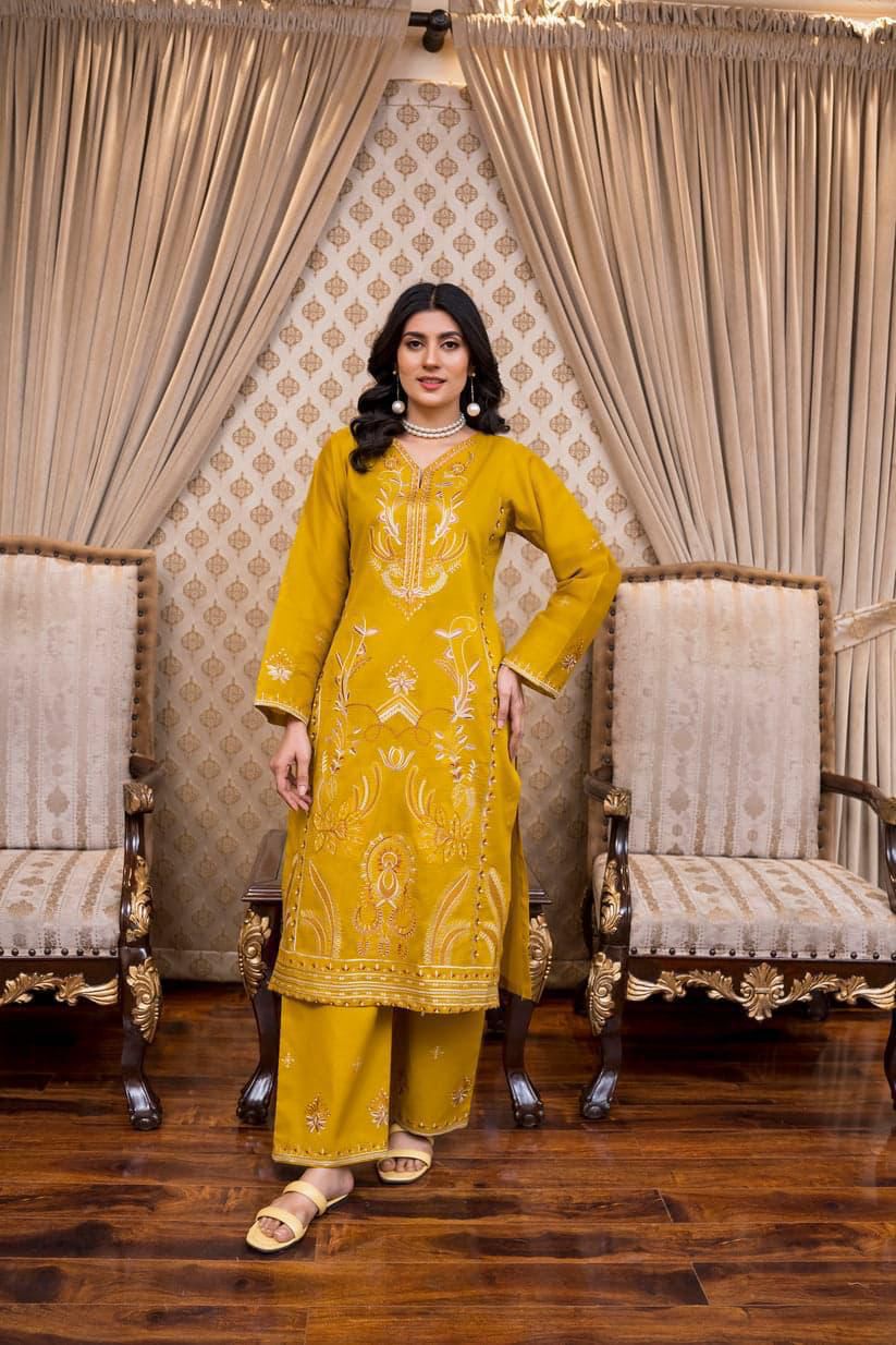 SAYA Summer Collection 2025 | Mustard 2PC Heavy Embroidered Suit | Vol.02 – Maleeha Arts (Free Delivery)