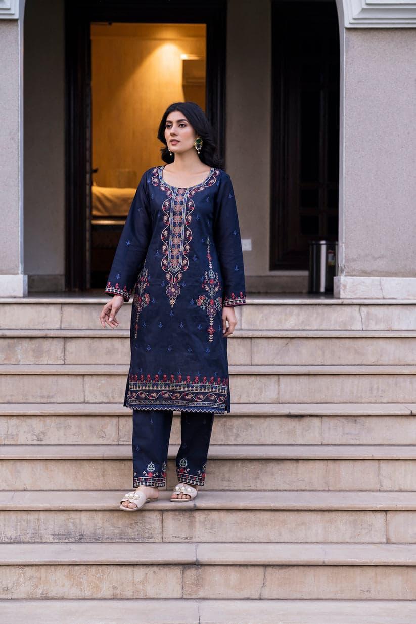 SAYA Summer Collection 2025 | Navy Blue 2PC Heavy Embroidered Suit | Vol.02 – Maleeha Arts (Free Delivery)