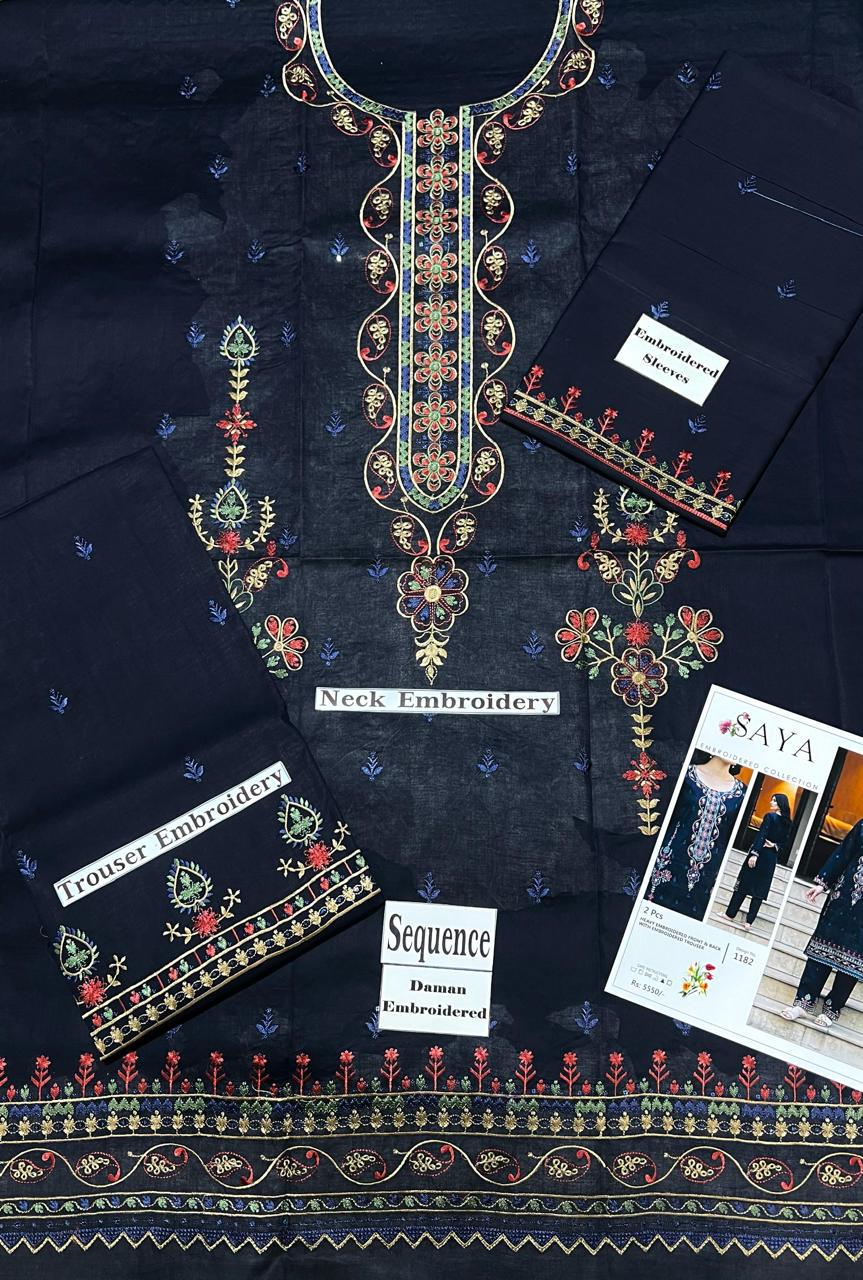 SAYA Summer Collection 2025 | Navy Blue 2PC Heavy Embroidered Suit | Vol.02 – Maleeha Arts (Free Delivery)