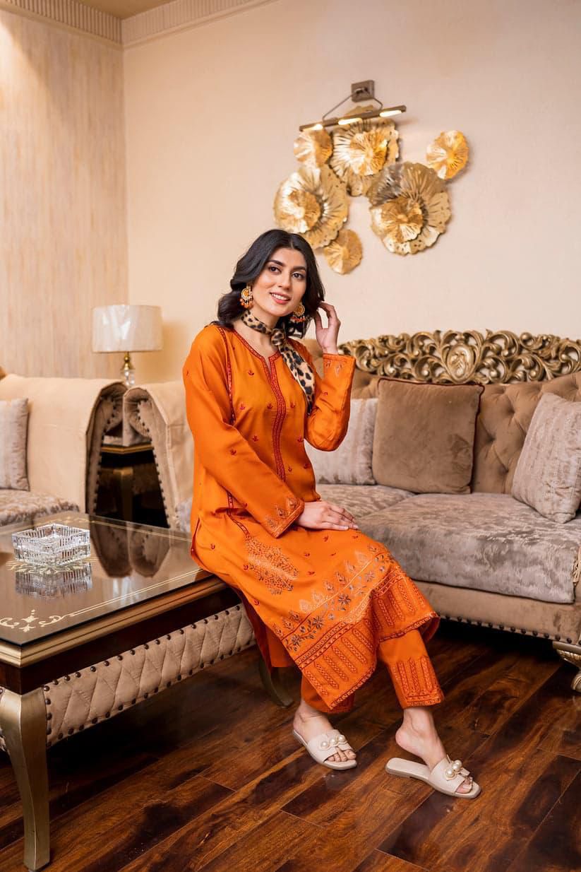 SAYA Summer Collection 2025 | Orange 2PC Heavy Embroidered Suit | Vol.02 – Maleeha Arts (Free Delivery)