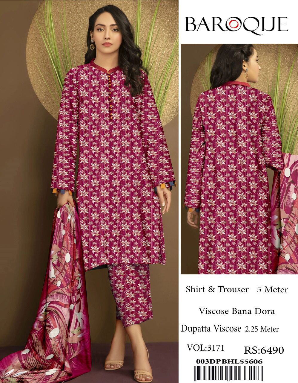 Baroque Winter Collection – Pink Blossom (3PC Viscose Suit)  ✨ Original Baroque Brand | ❄️ Winter Sale – 30% OFF + Free Delivery ❄️