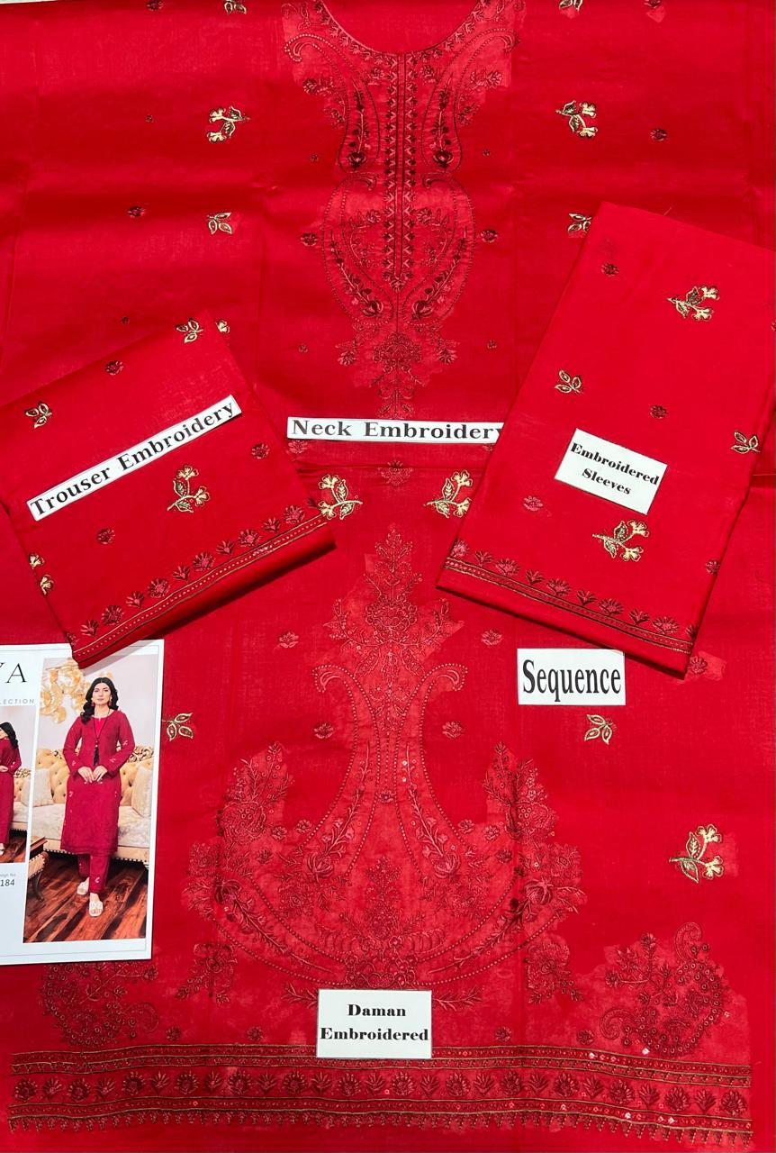 SAYA Summer Collection 2025 | Shocking Red 2PC Heavy Embroidered Suit | Vol.02 – Maleeha Arts (Free Delivery)