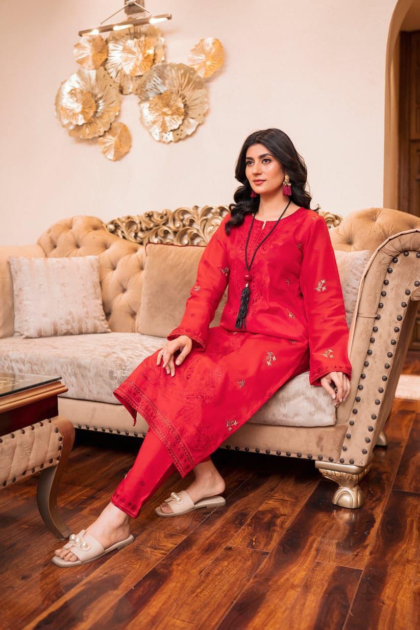 SAYA Summer Collection 2025 | Shocking Red 2PC Heavy Embroidered Suit | Vol.02 – Maleeha Arts (Free Delivery)