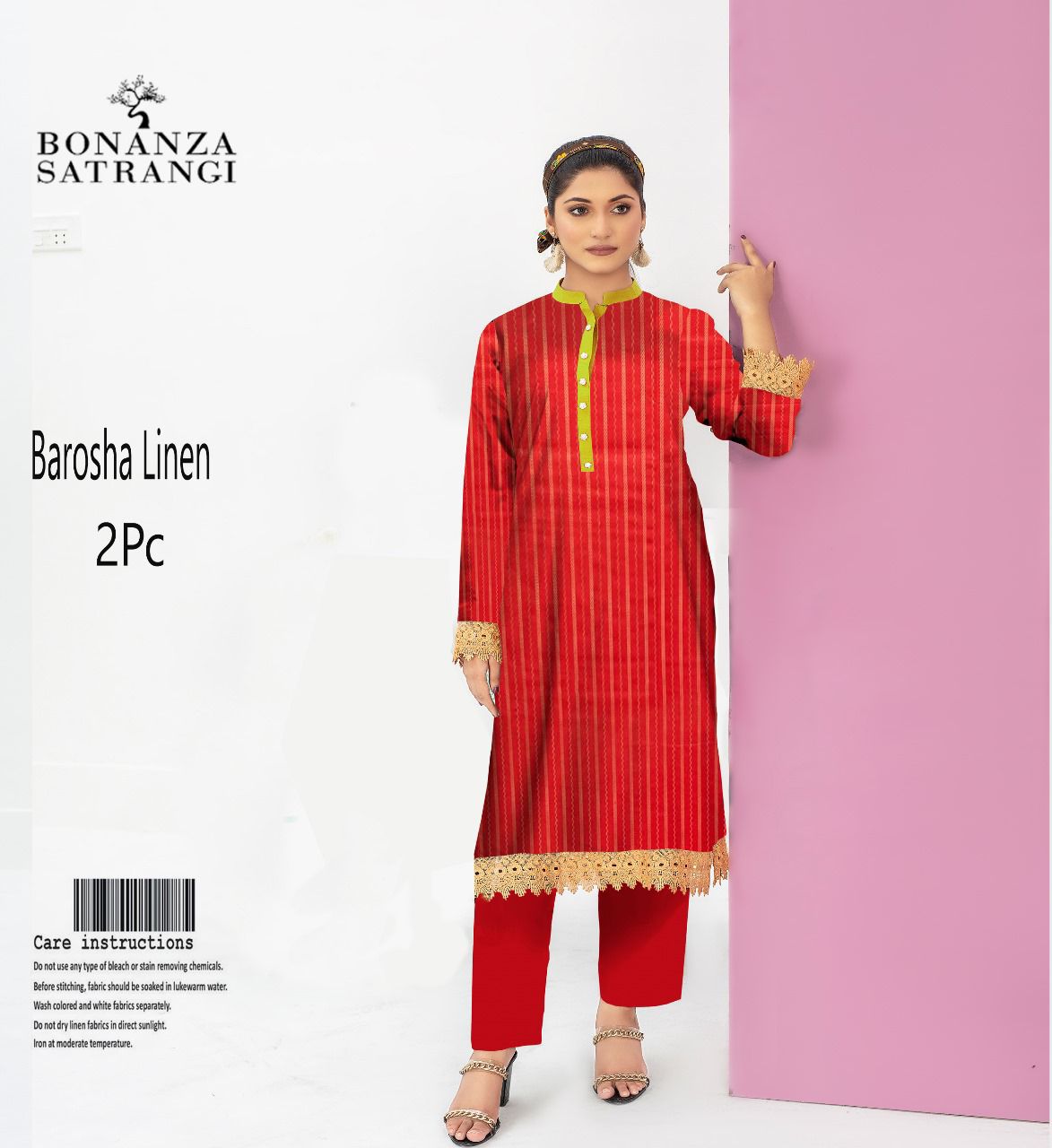 Bonanza Satrangi Barosha Linen 2PC – Shocking Red Glamour | Original Brand | Free Delivery