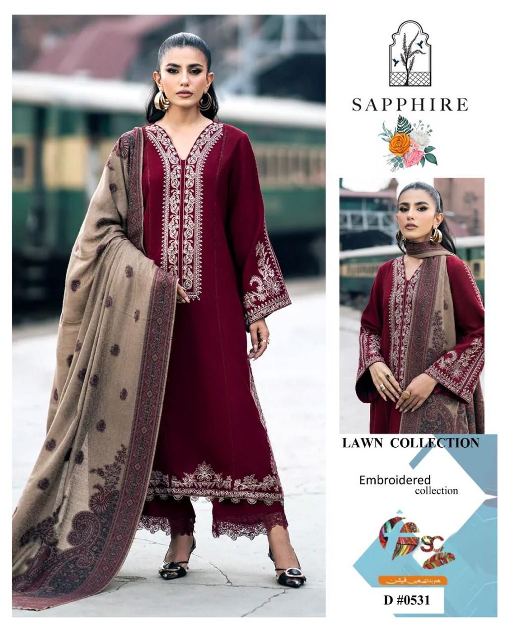🌹 Sapphire Winter Elegance Collection – Heavy Embroidered 3PC Suit in Maroon with Printed Shawl Dupatta | Exclusive Wholesale Offer 🌹