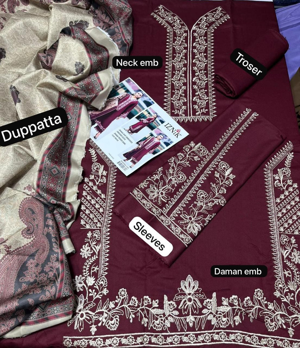 🌹 Sapphire Winter Elegance Collection – Heavy Embroidered 3PC Suit in Maroon with Printed Shawl Dupatta | Exclusive Wholesale Offer 🌹