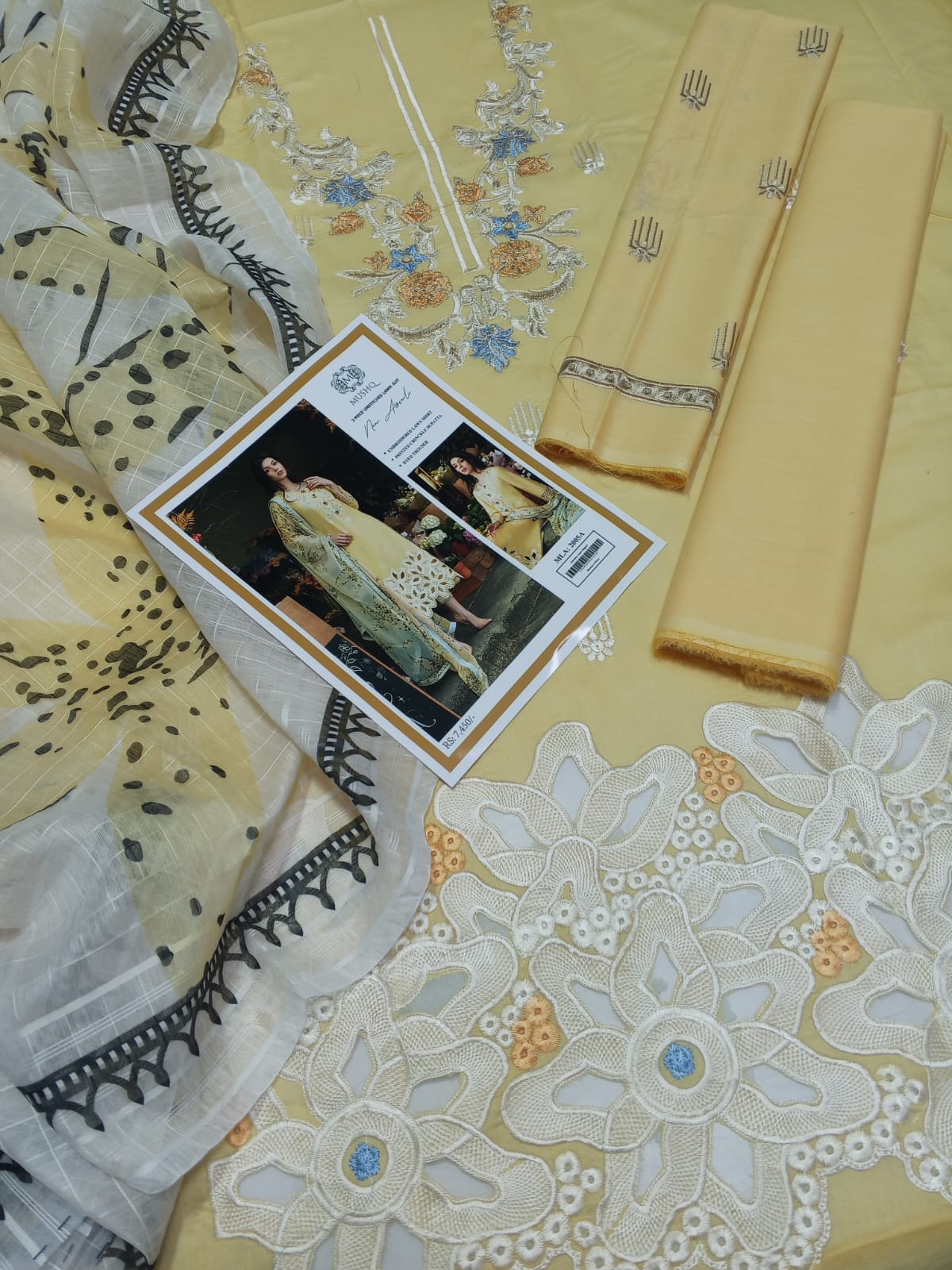 Mushq Yellow Summer 2025 Lawn 3 Piece Suit with Diamond Dupatta & Laser Cut Embroidery – Code 2005