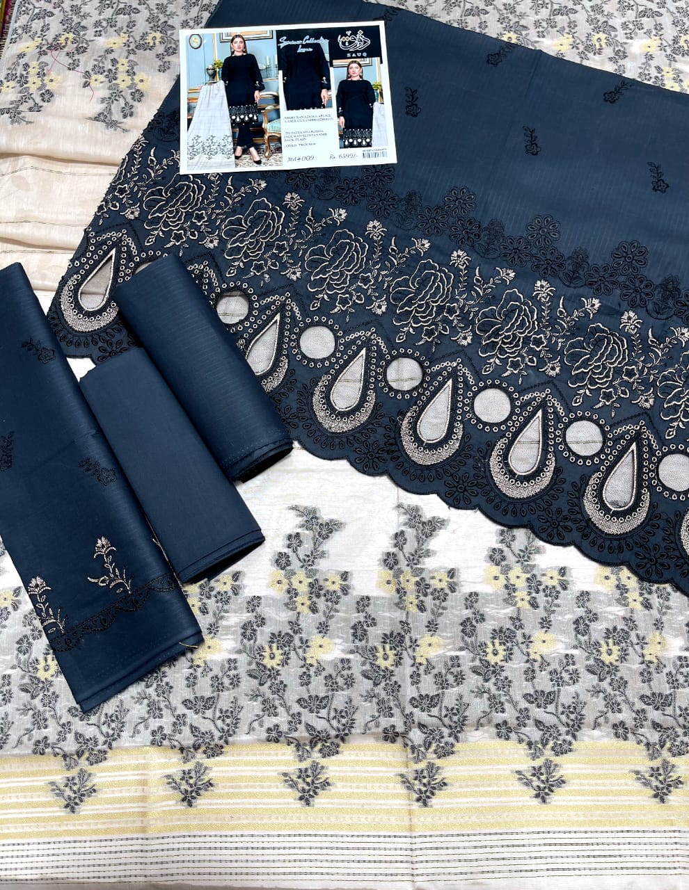 Zoq Black Original Embroidered 3 Piece Suit with Laser Cut Shirt & Brosha Dupatta