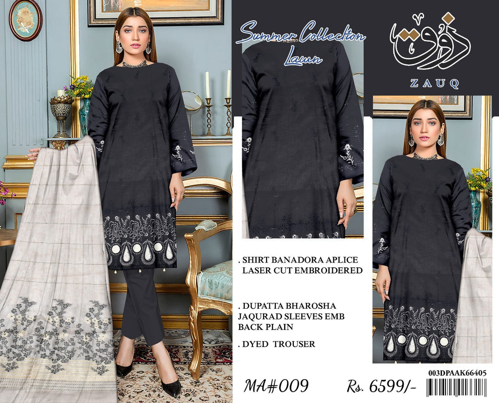 Zoq Black Original Embroidered 3 Piece Suit with Laser Cut Shirt & Brosha Dupatta