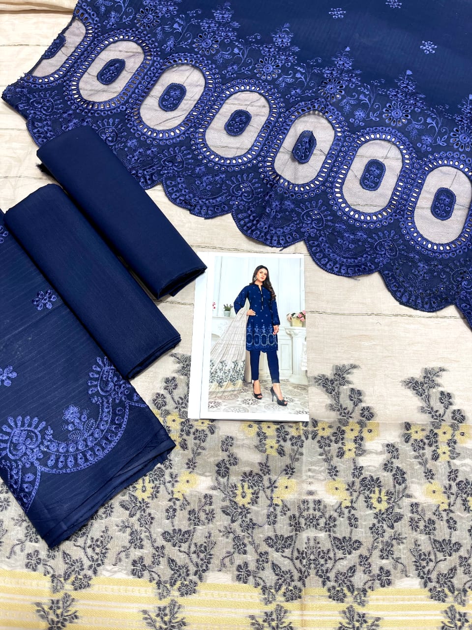 Zoq Blue Original Embroidered 3 Piece Suit with Laser Cut Shirt & Brosha Dupatta