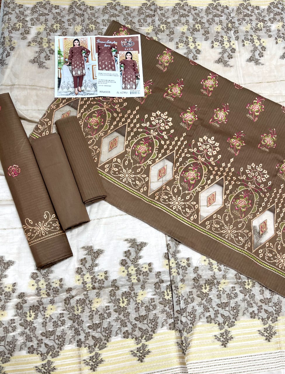 Zoq Brown Original Embroidered 3 Piece Suit with Laser Cut Shirt & Brosha Dupatta