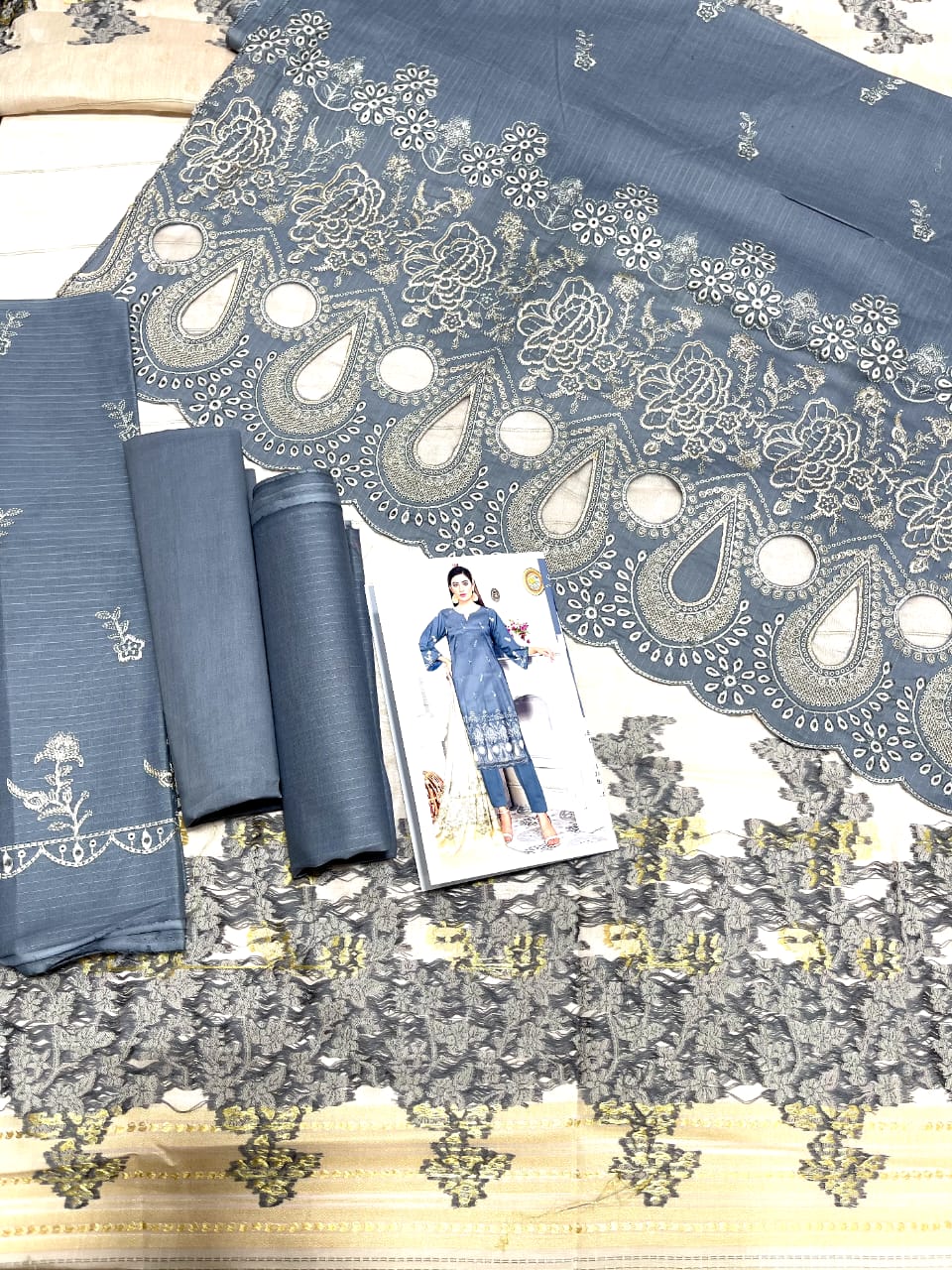 Zoq Grey Original Embroidered 3 Piece Suit with Laser Cut Shirt & Brosha Dupatta