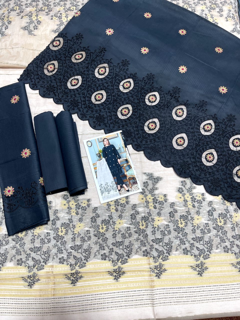Zoq Navy Blue Original Embroidered 3 Piece Suit with Laser Cut Shirt & Brosha Dupatta