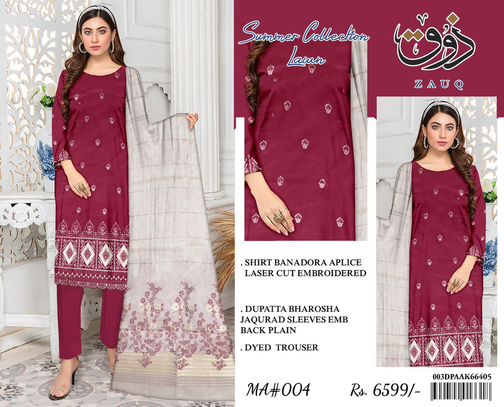 Zoq Pink Original Embroidered 3 Piece Suit with Laser Cut Shirt & Brosha Dupatta