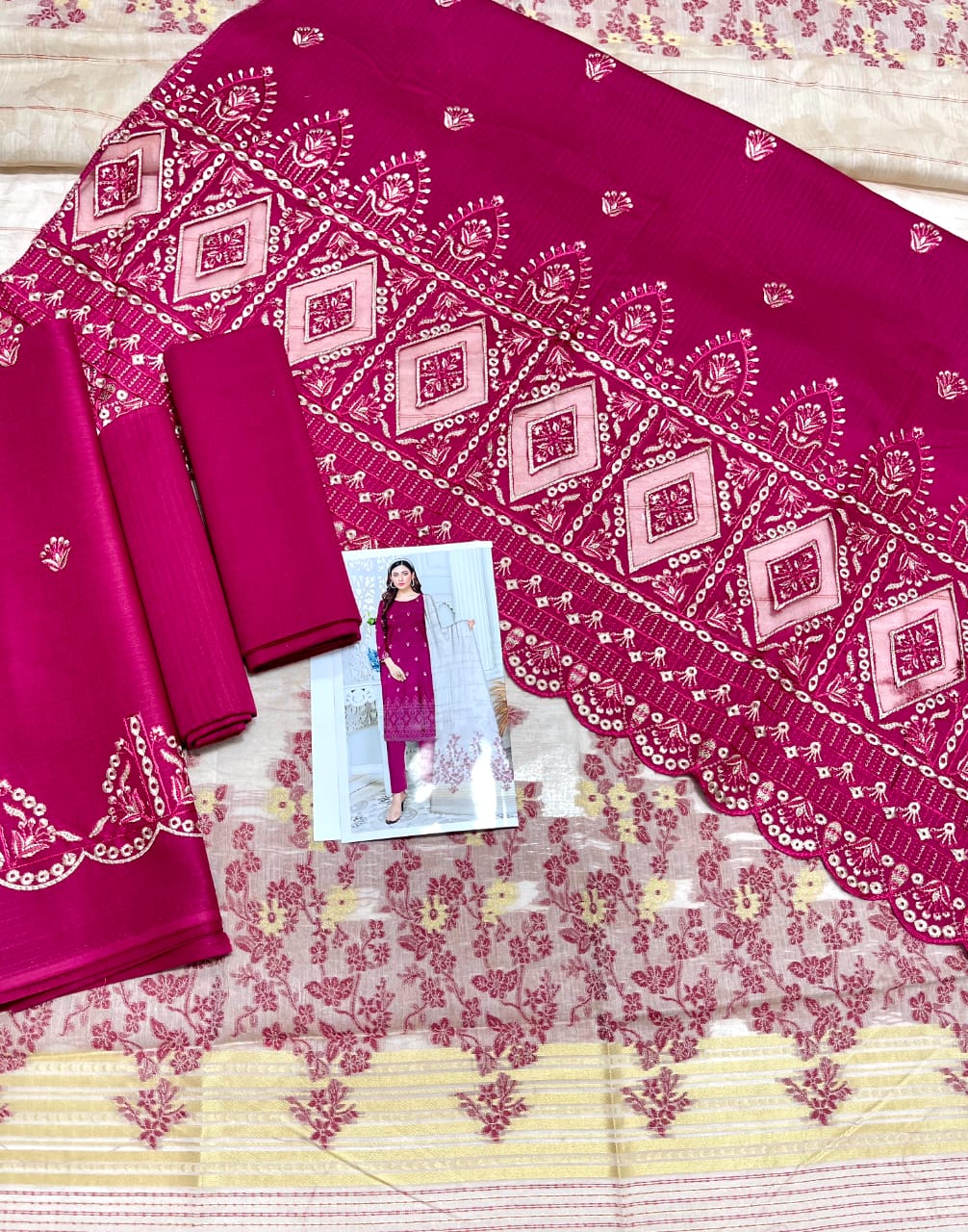 Zoq Pink Original Embroidered 3 Piece Suit with Laser Cut Shirt & Brosha Dupatta
