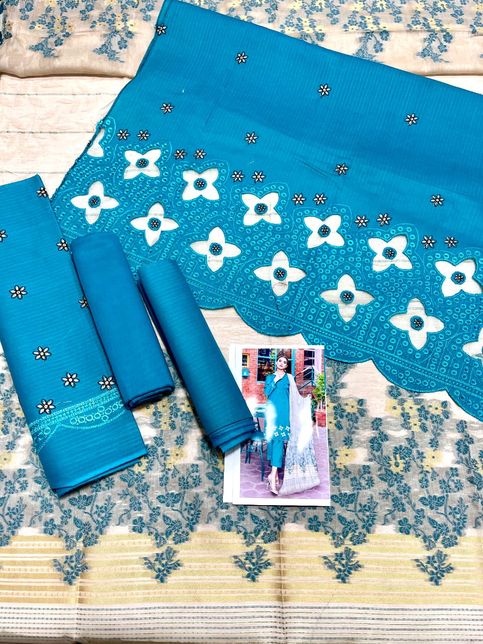Zoq Sea Blue Original Embroidered 3 Piece Suit with Laser Cut Shirt & Brosha Dupatta