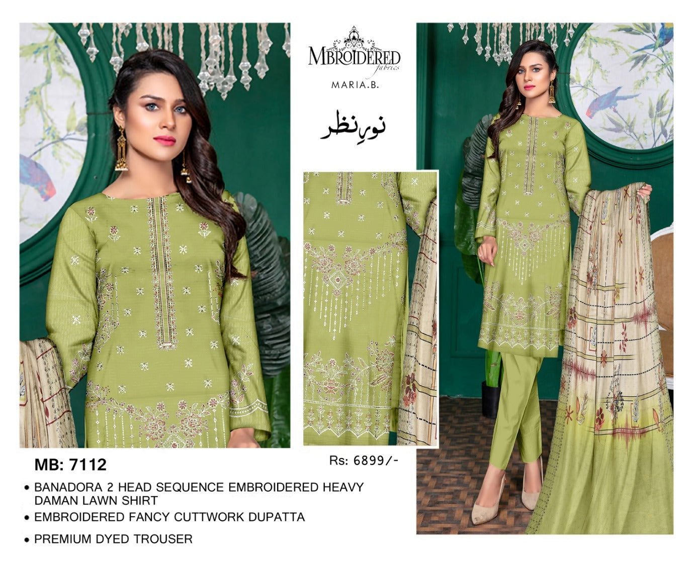 NUREH NAZAR – Original Parrot Green 3PC Embroidered Suit