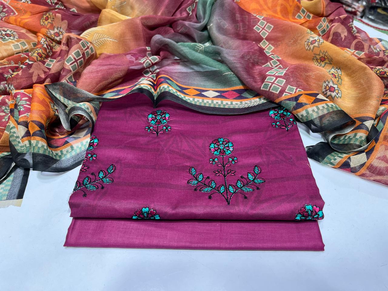 Maria B – Original Purple 3PC Embroidered Suit with Bamber Dupatta