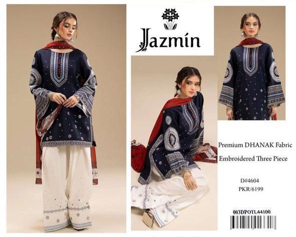 💙 Jazmin Winter Charm Collection – Heavy Embroidered 3PC Suit in Navy Blue with Printed Shawl Dupatta | Trending Hit Code 💙