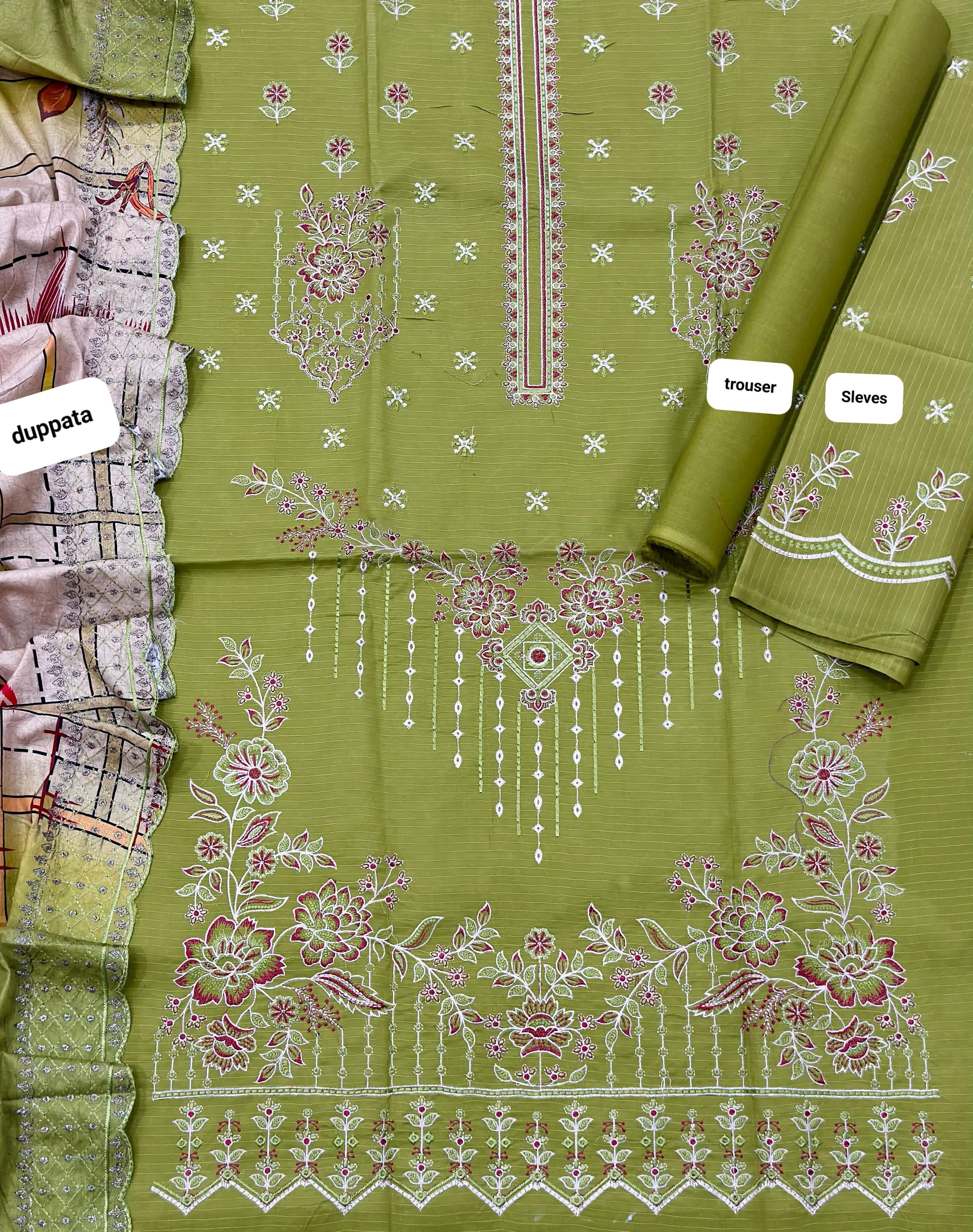 NUREH NAZAR – Original Parrot Green 3PC Embroidered Suit